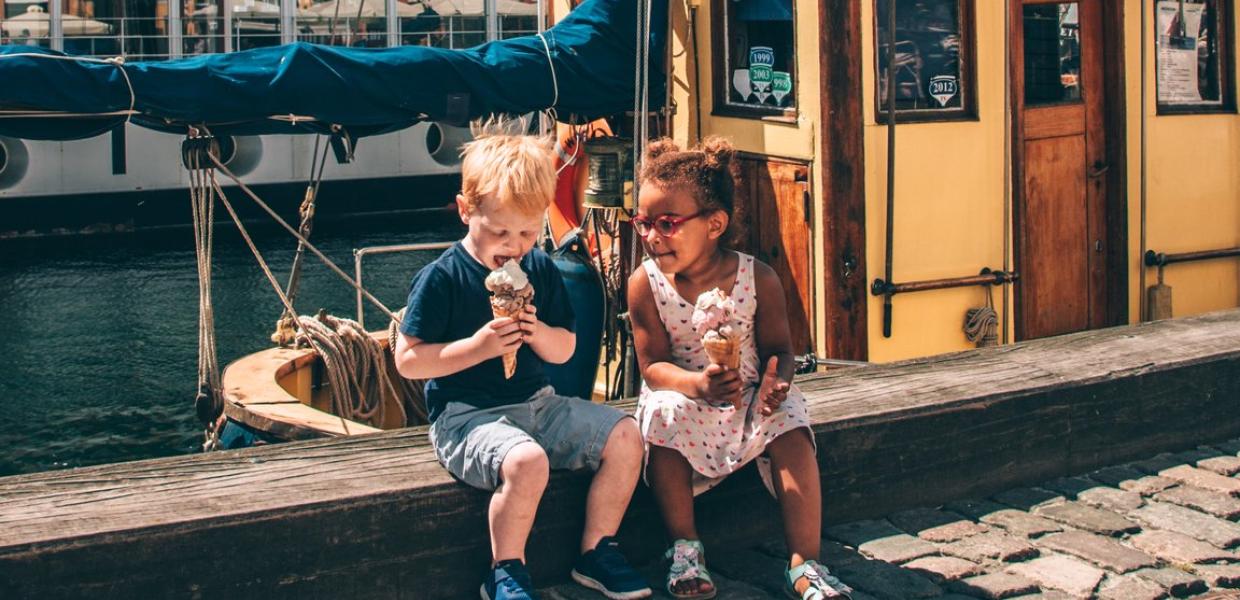 Kids eating ice cream in Copenhagen's iconic Nyhavn