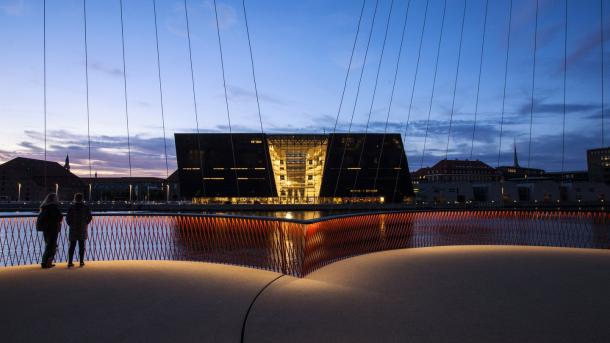 The Black Diamond in Copenhagen seen from the Circle Bridge.