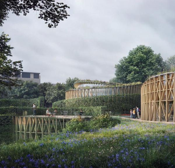 A rendering of the gardens and exterior of the Hans Christian Andersen museum in Odense, Denmark
